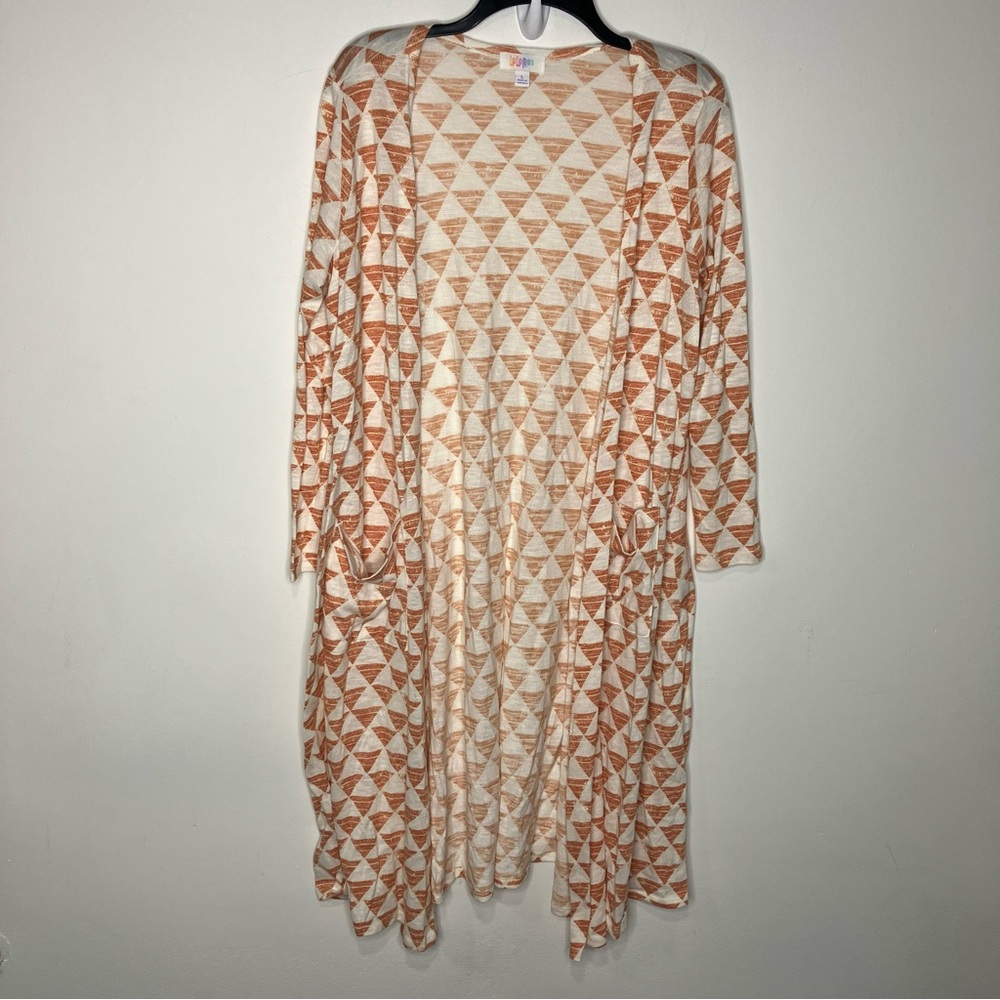 Lularoe Sarah duster cardigan white & orange triangle pattern womens size large‎